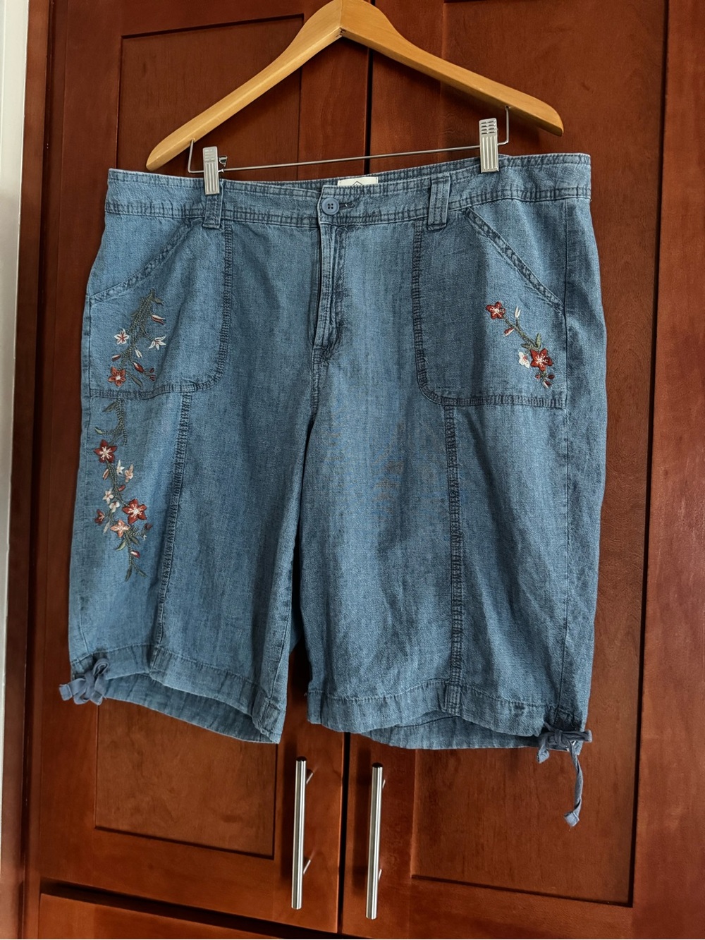 St. John's Bay Women's Chambray Embroidered Floral Hem Tie Denim Shorts